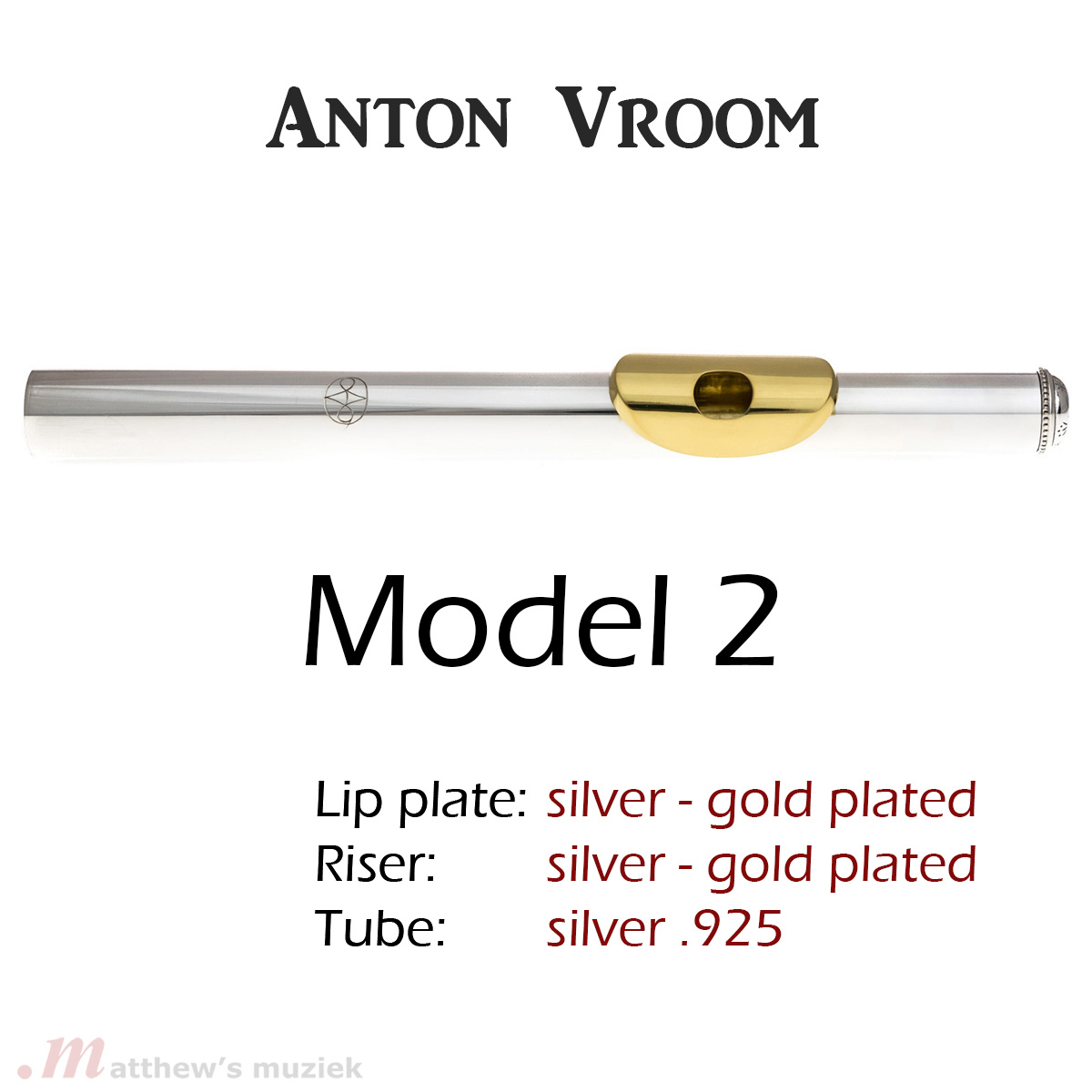 Anton Vroom Dwarsfluit Kopstuk - Zilver met Vergulde Lipplaat