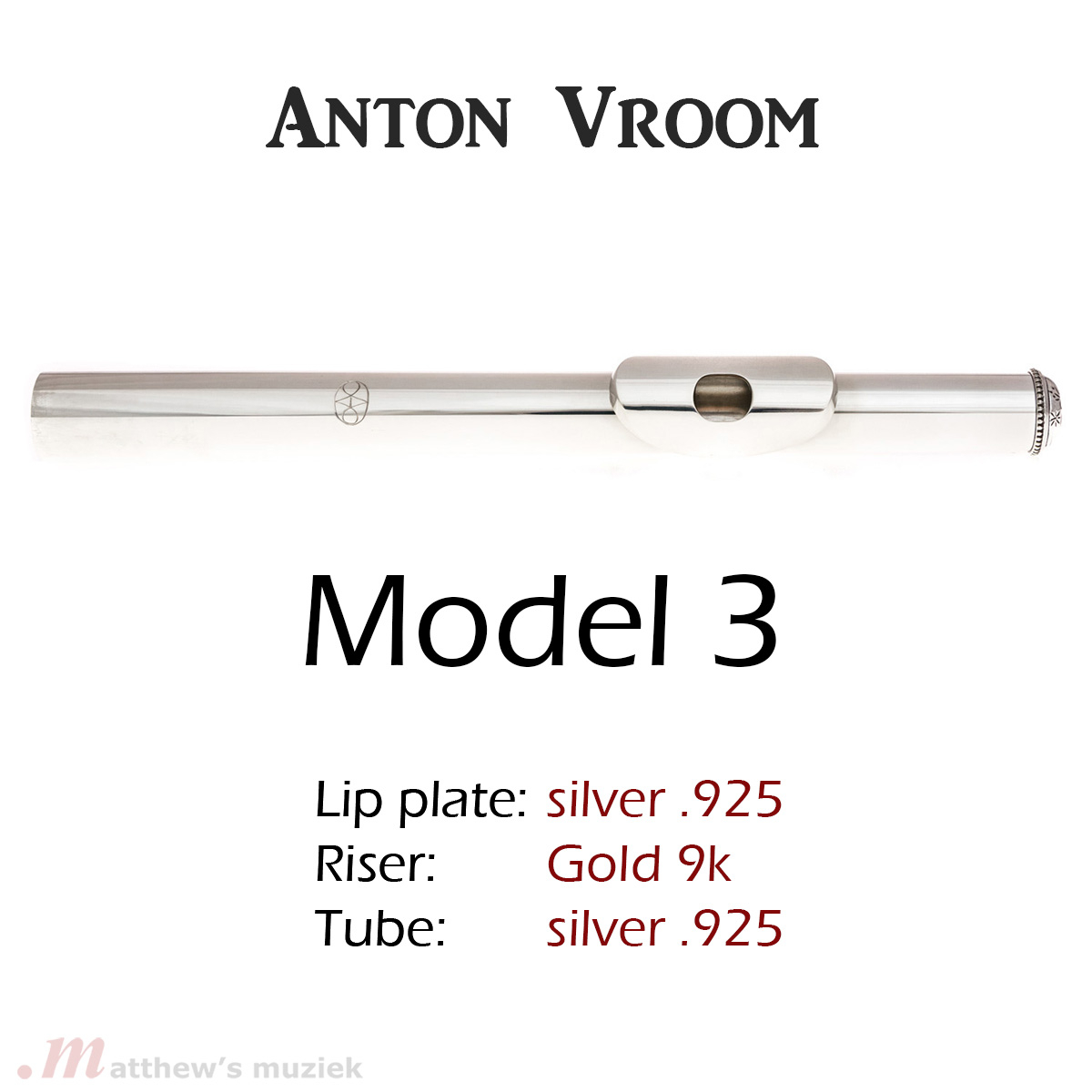 Anton Vroom Flute Headjoint - Sterling Silver with 9k Gold Riser - Style 3