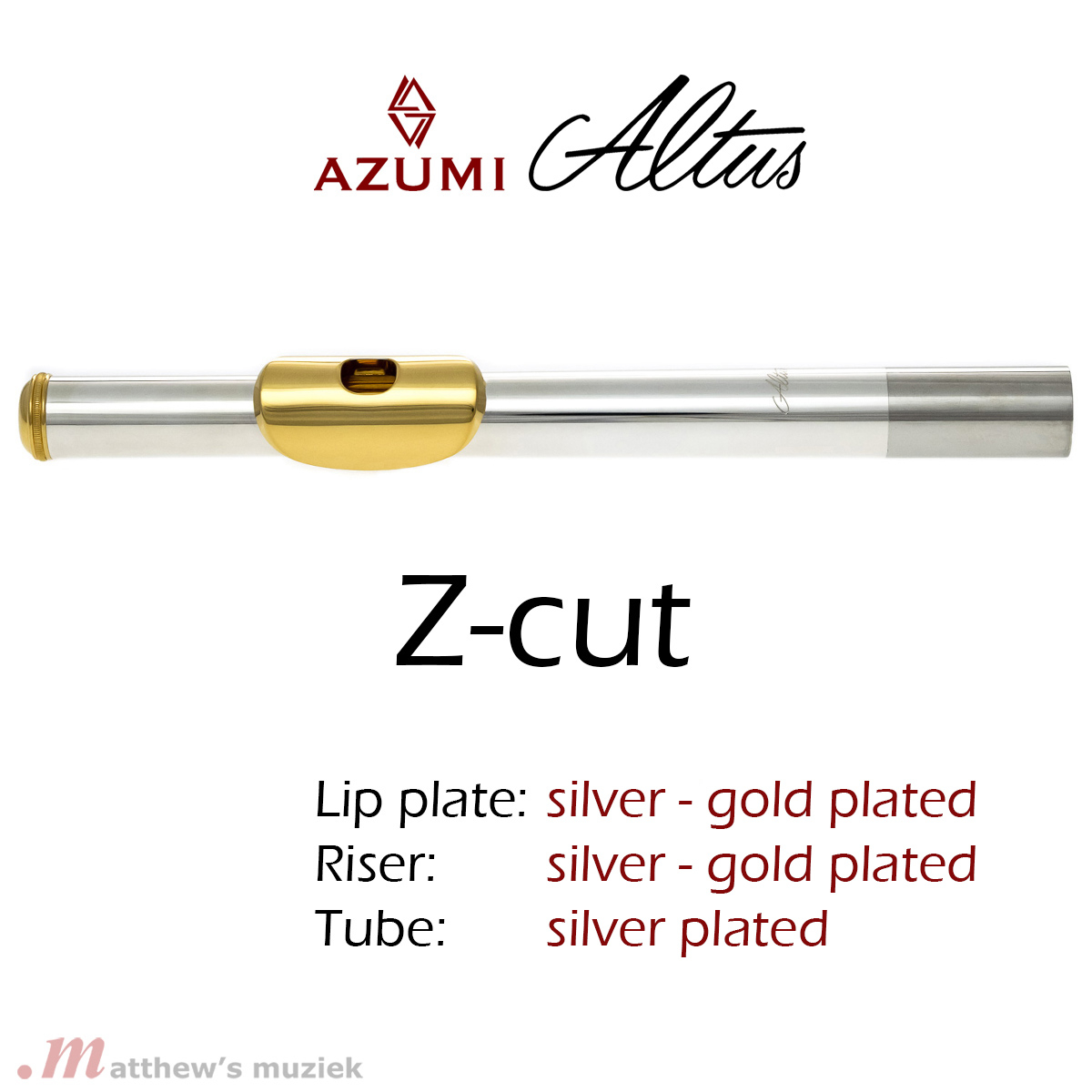Azumi Z1 Dwarsfluit Kopstuk - Verzilverd en Verguld