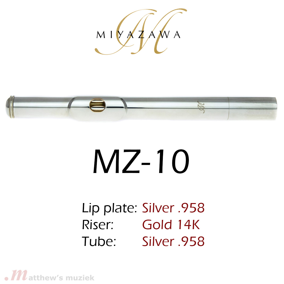 Miyazawa Dwarsfluit Kopstuk - MZ-10 - 14k Gouden Riser